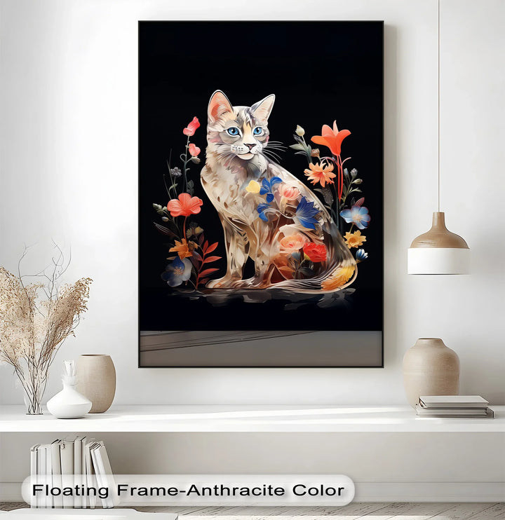 Botanical Gaze – Floral Patterned Cat with Blue Eyes Cat Canvas Print - MyPhotoStation
