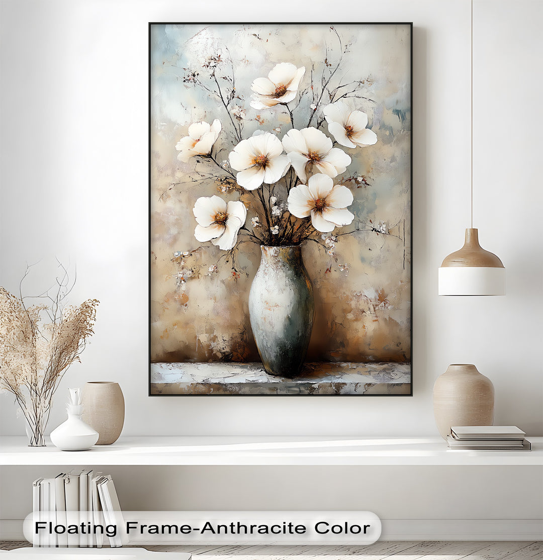 Vintage Bloom Still Life – White Flowers in Vase Canvas Print