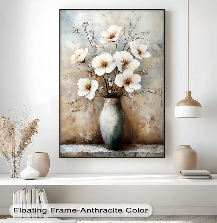 Vintage Bloom Still Life – White Flowers in Vase Canvas Print