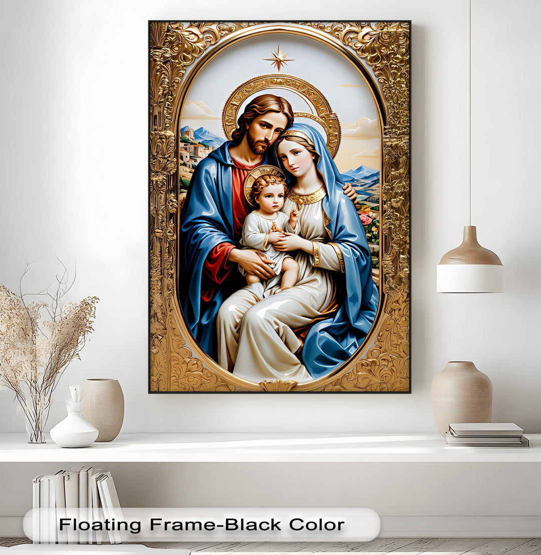 The opulent, highly detailed gold frame and black border encase this religious big canvas print featuring the Holy Family.