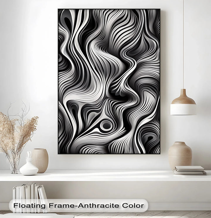 Flowing Dimensions – Abstract Waveform in Black & White Canvas Print - MyPhotoStation