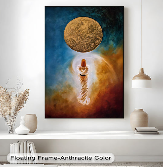 Negative space accentuates the solitary Sufi Dervish figure within the Islamic canvas artwork, a powerful example of spiritual hanging canvas beneath a golden moon.