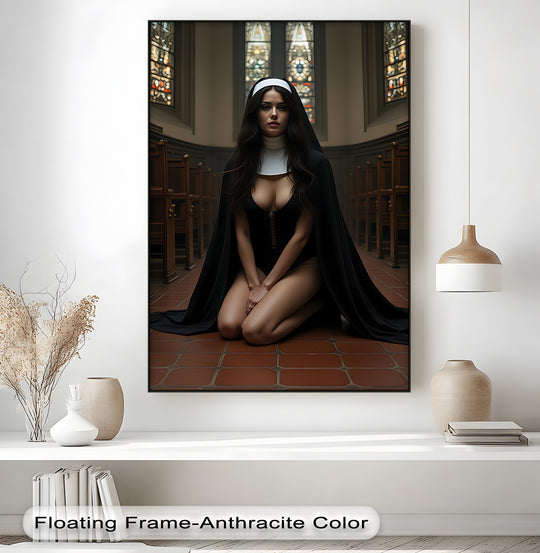The stillness emanates from this erotic canvas art print, a sacred temptation featuring a kneeling nun in a church scene, creating a dramatic hanging canvas.