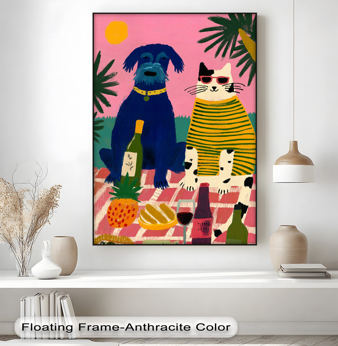 Curvaceous forms define this playful dog and cat picnic scene in a colorful animal pop art canvas wall decor, featuring natural shapes in the foliage, fruit, and animals.
