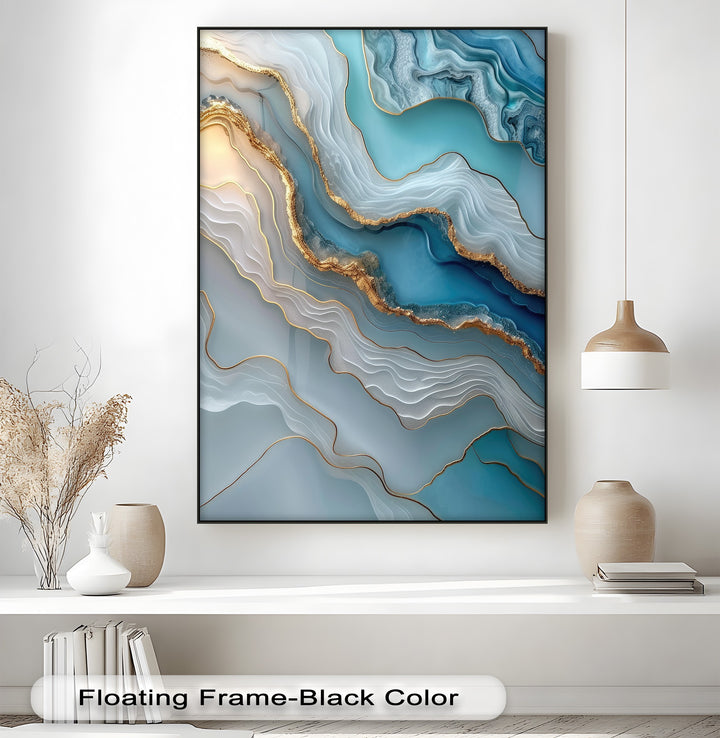 The bright background features a pristine white wall, a stylish pendant lamp, and a shelf adorned with natural decor complementing the canvas artwork.