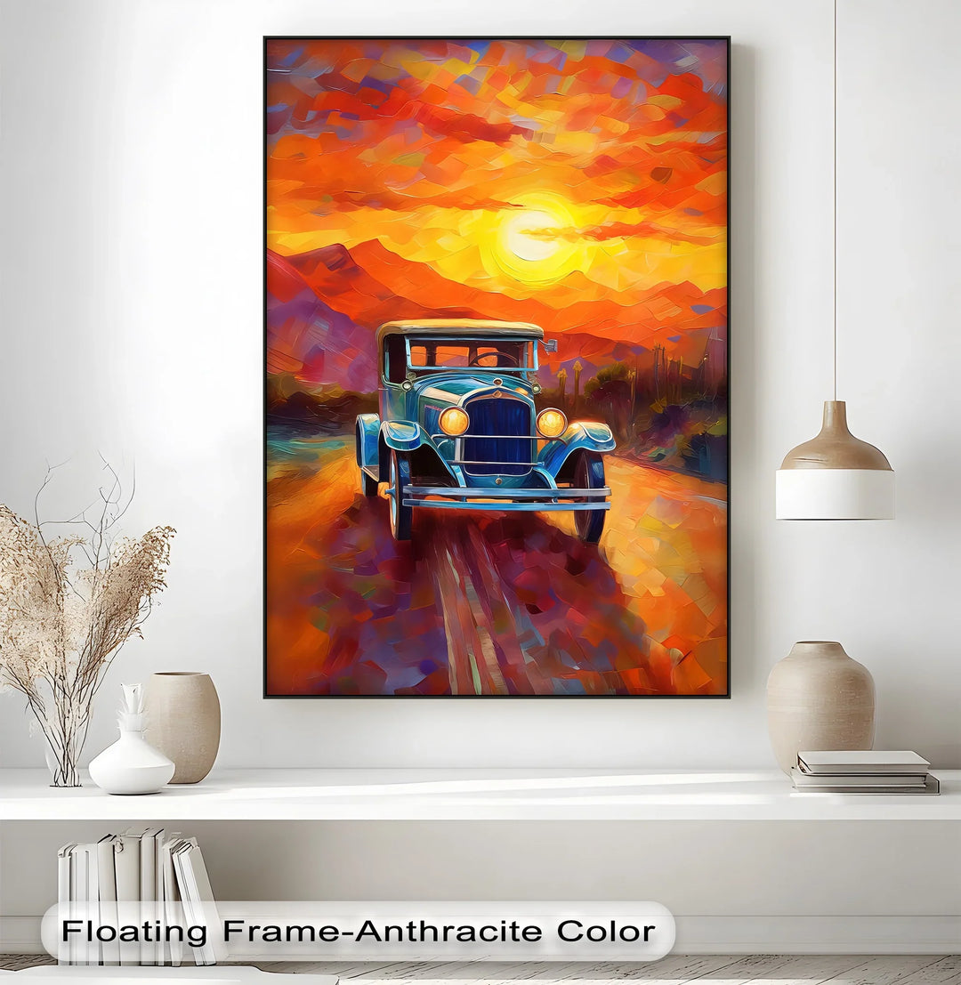 Sunset Journey – Vintage Car on Painted Desert Road Canvas Print - MyPhotoStation
