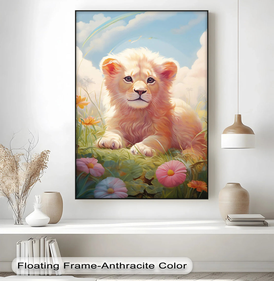 Innocent Majesty – Baby Lion Cub in Blooming Field Animal Canvas Print - MyPhotoStation