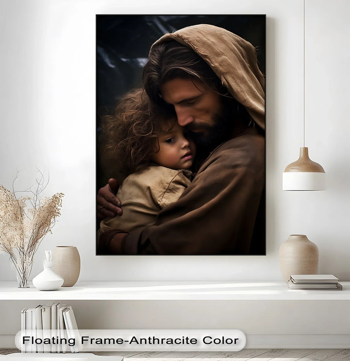 This heartfelt photo canvas captures Jesus’ unconditional love and gentle care.

