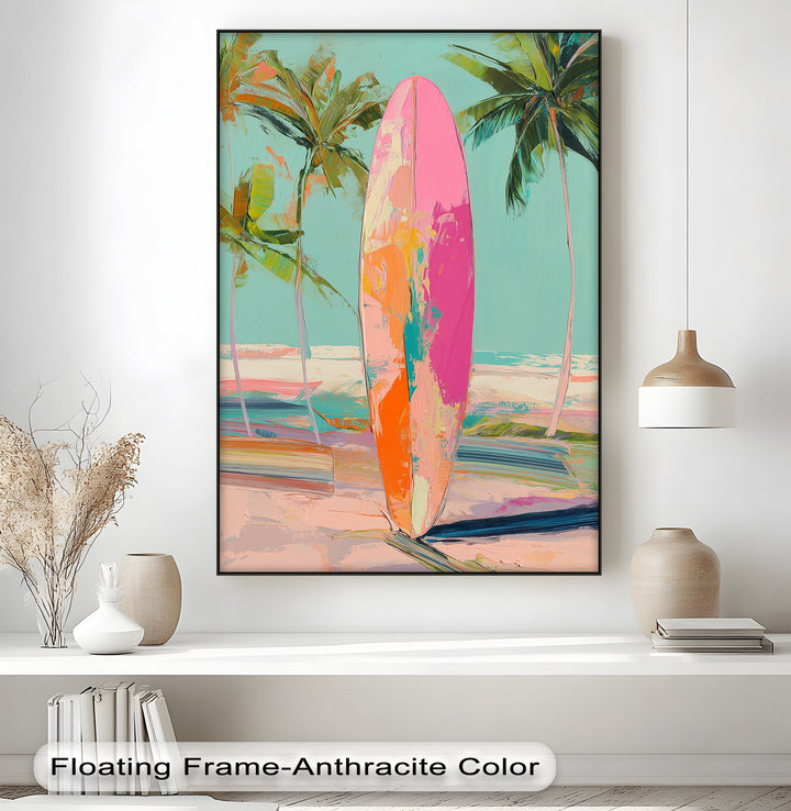 Sunset Ride – Vibrant Surfboard Beach Scene Canvas Print