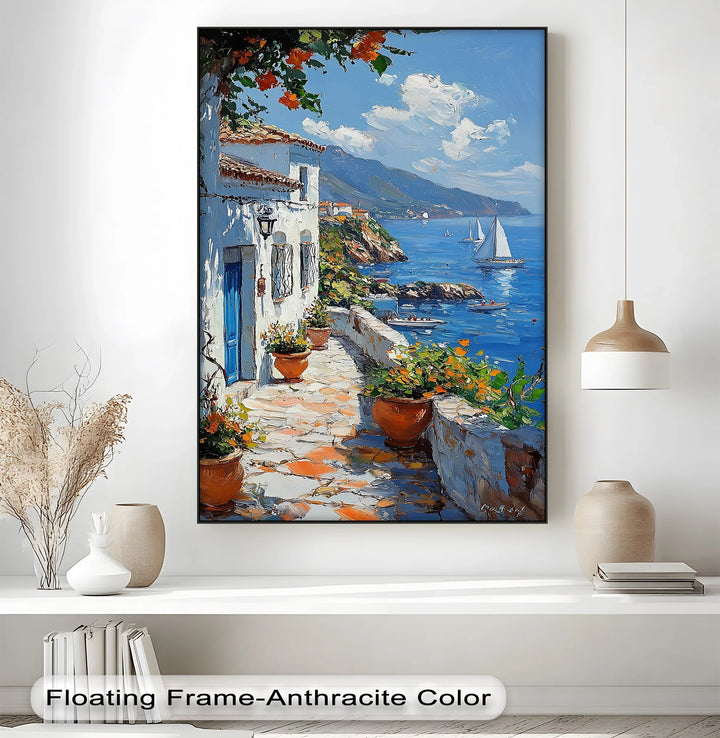 Mediterranean Stroll – Seaside Village Path with Blue Door Canvas Print - MyPhotoStation
