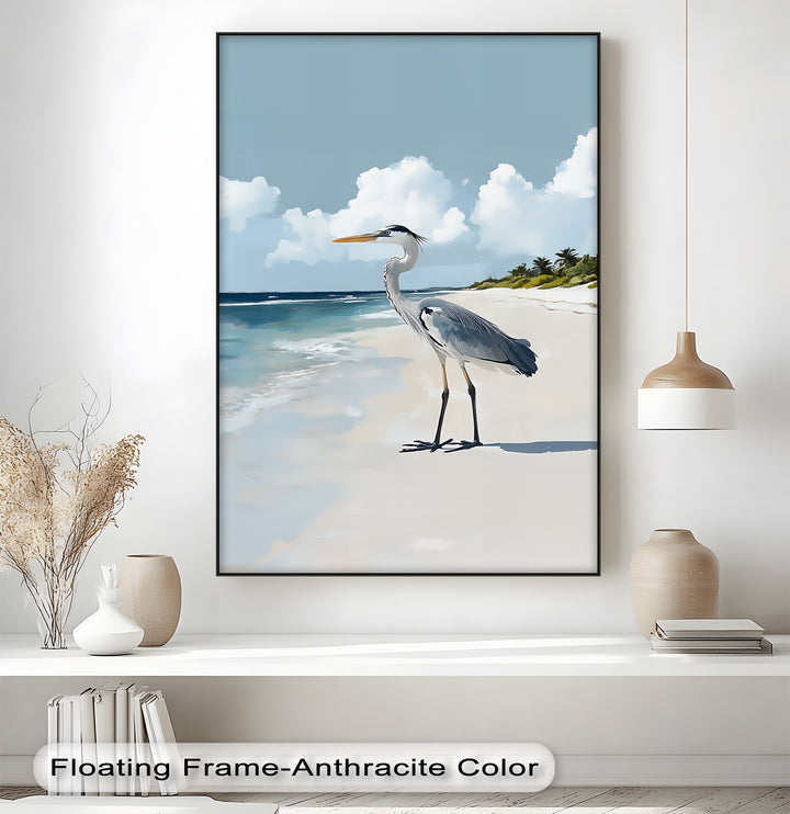 Coastal Heron Under Blue Skies – Tropical Beach Canvas Print