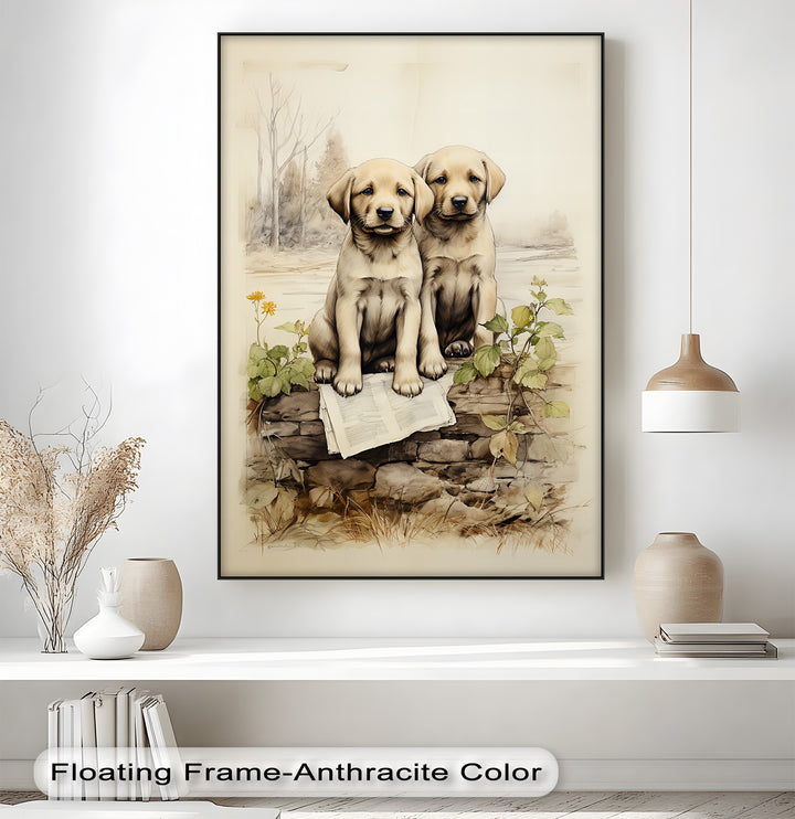 Stone Wall Puppies – Vintage Nature Scene Puppies Canvas Print