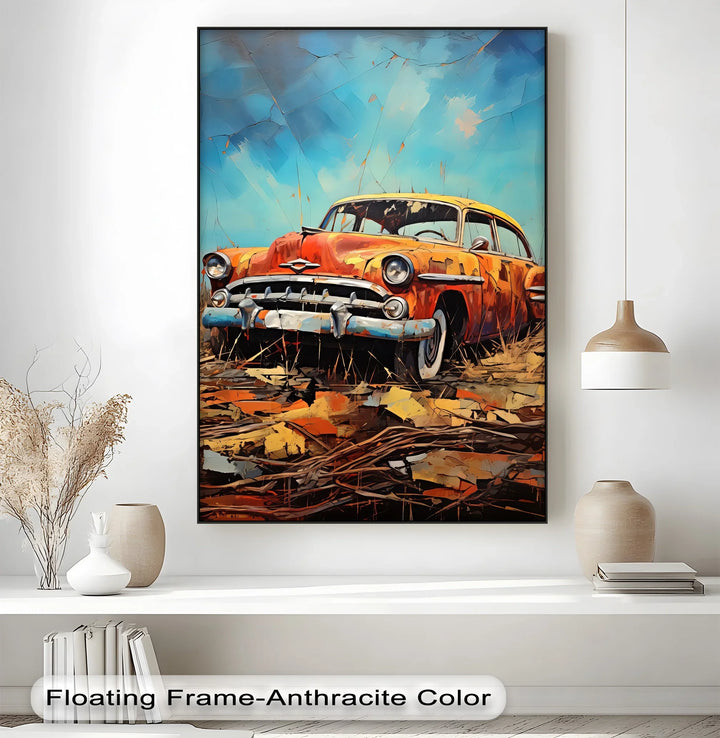 Rustic Relic – Faded Orange Classic Car in Autumn Field Canvas Print - MyPhotoStation