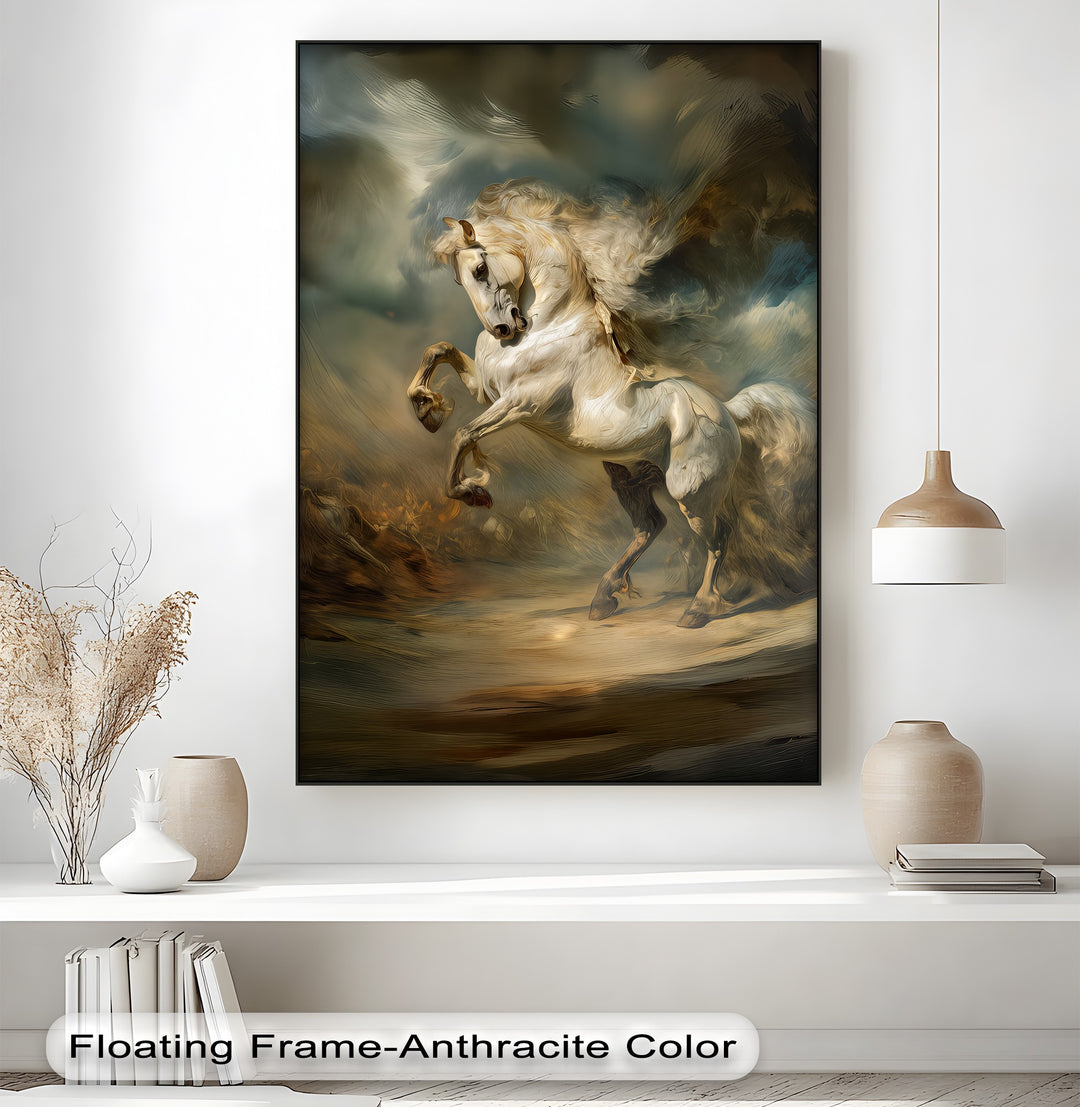 Eclipsed Thunder – Majestic Rearing White Horse Canvas Print
