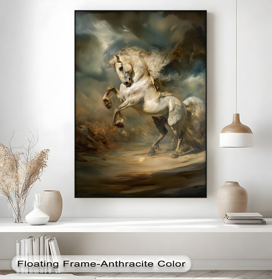 Vertical canvas print of a white horse rearing and horse wall art with dramatic motion plus expressive strokes