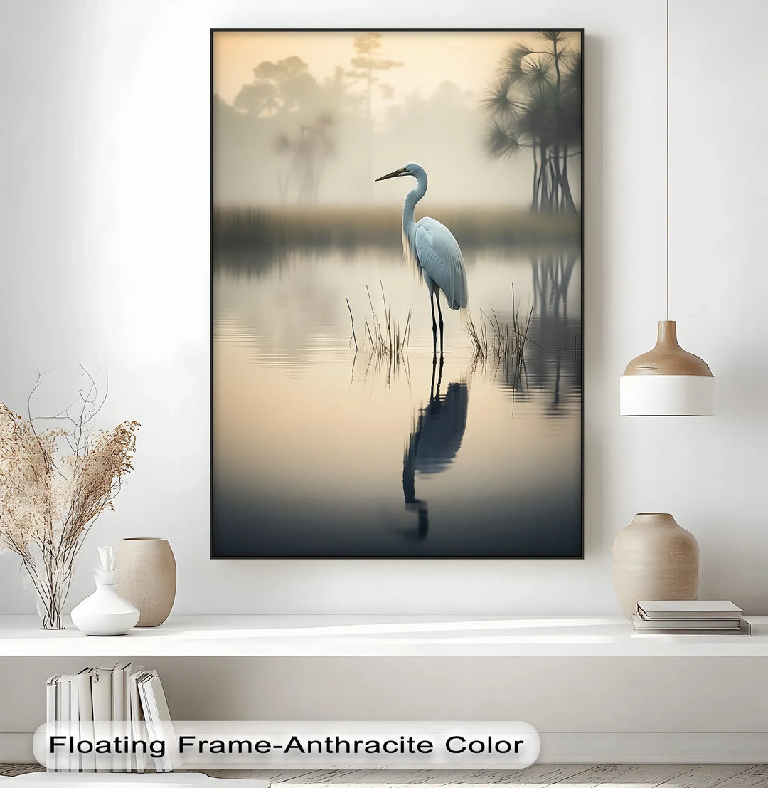 Misty Morning Heron – Serene Lakeside Reflection Canvas Print - MyPhotoStation
