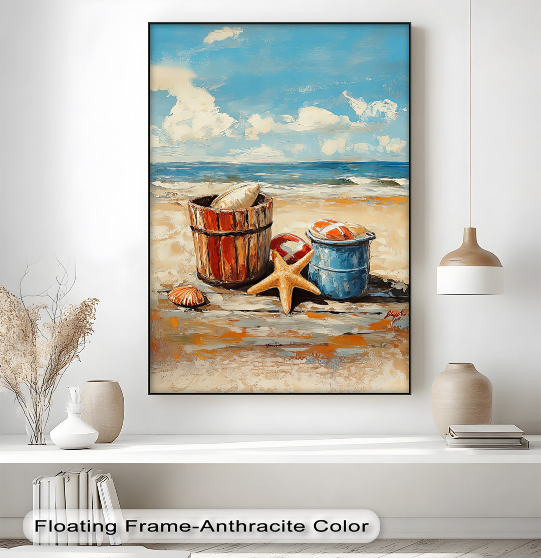 Beach Day Memories – Vibrant Coastal Bucket Scene Canvas Prints