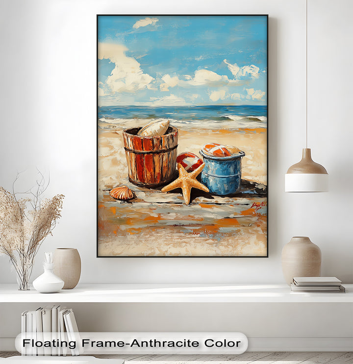 Beach Day Memories – Vibrant Coastal Bucket Scene Canvas Prints
