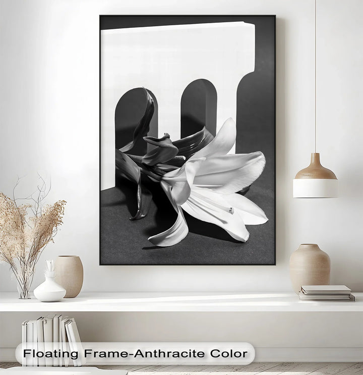 Sleek lines meet soft petals in this stylish black-and-white photo canvas composition.

