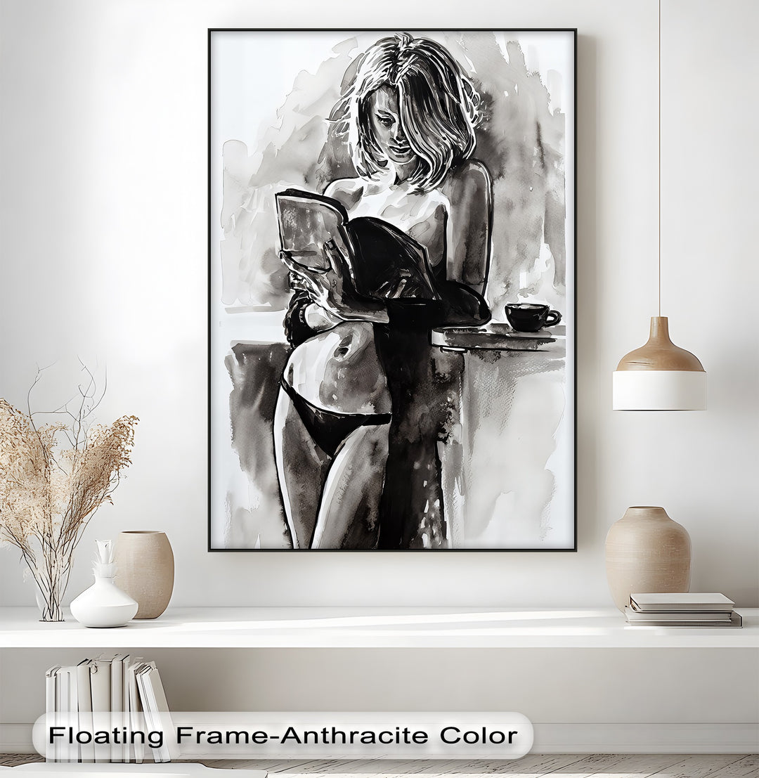 Ink Reverie – Sensual Reading Woman Canvas Wall Art | Artwork Canvas
