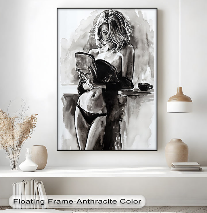 Ink Reverie – Sensual Reading Woman Canvas Wall Art | Artwork Canvas