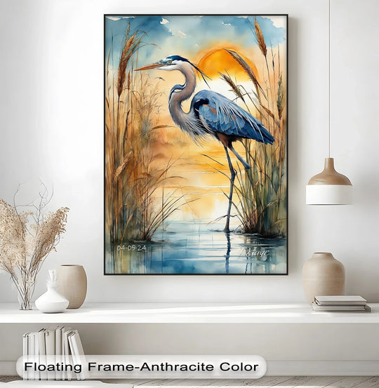High color contrast showcases the serene waterscape canvas print featuring a majestic blue heron against the warm, sunset hues, adding to its premium canvas decor.