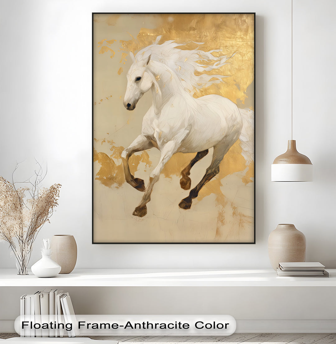 Celestial Charge – Golden White Horse Fantasy Canvas Print