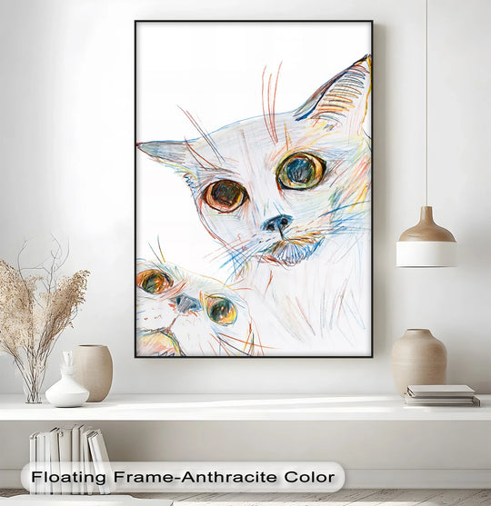 Vertical rectangular canvas wall art featuring abstract cat faces in colorful pastel lines offers a distinct shape to enhance your canvas wall art.