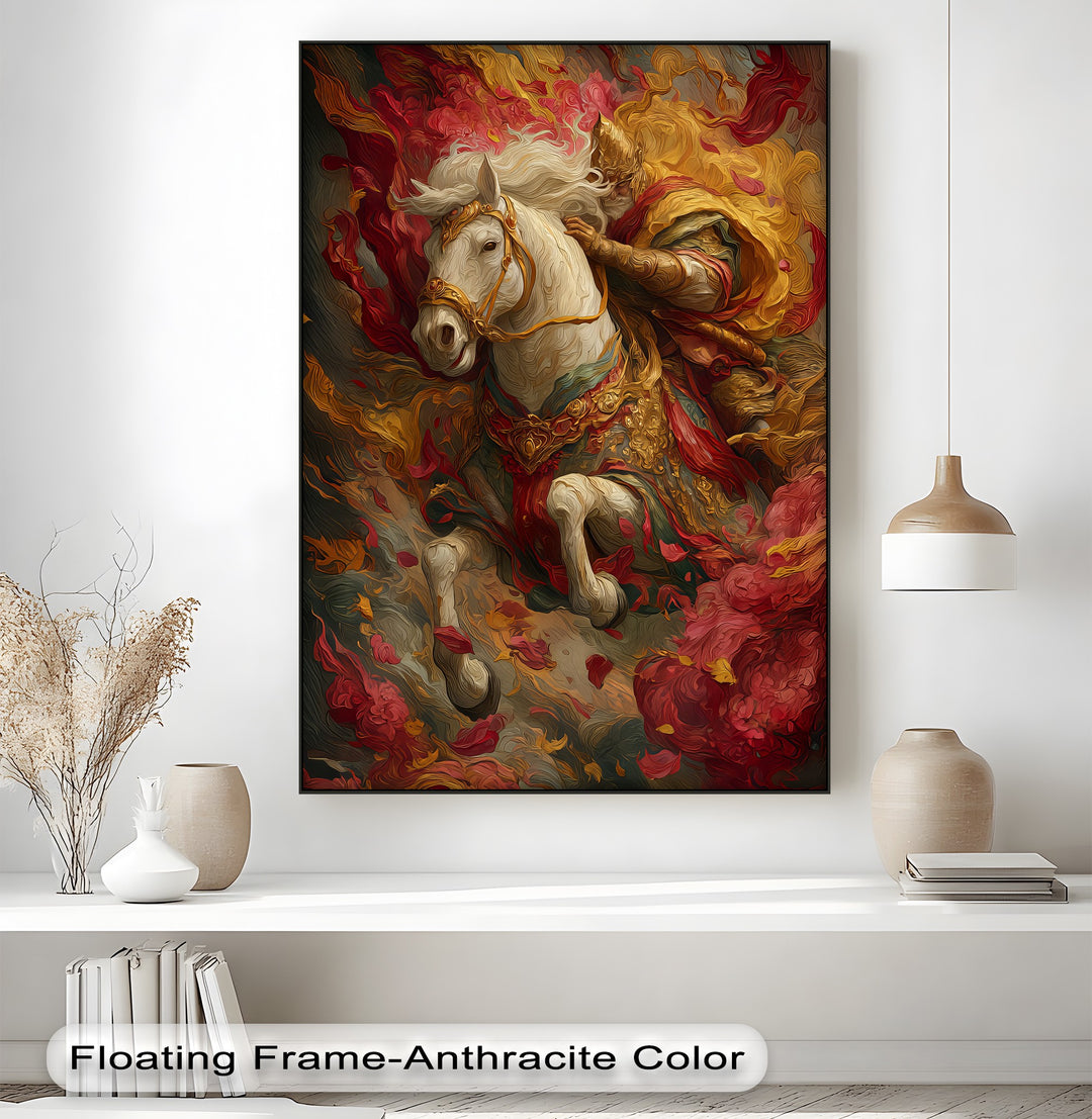 The Crimson Charge – Warrior on White Steed Canvas Print
