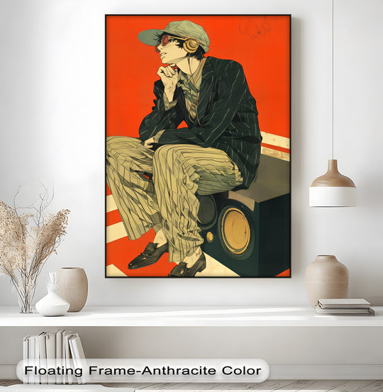 Hazy lines in the canvas artwork give a soft look to this 'Sound Style - Retro Street Vibe Canvas Print' of a man with headphones and a speaker.