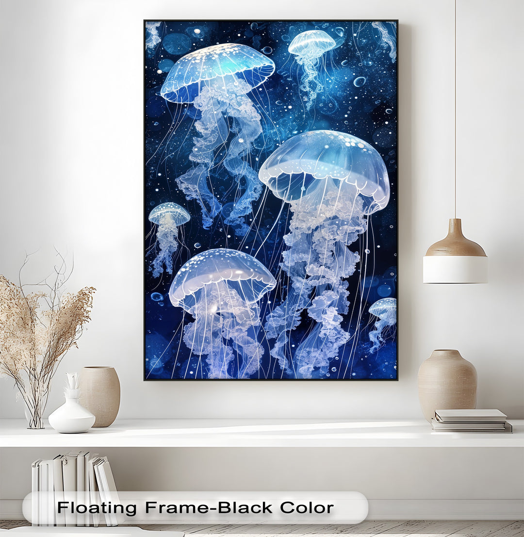 Luminous jellyfish gracefully drift and sway in an ethereal deep blue ocean, creating serene movement in this captivating canvas artwork.