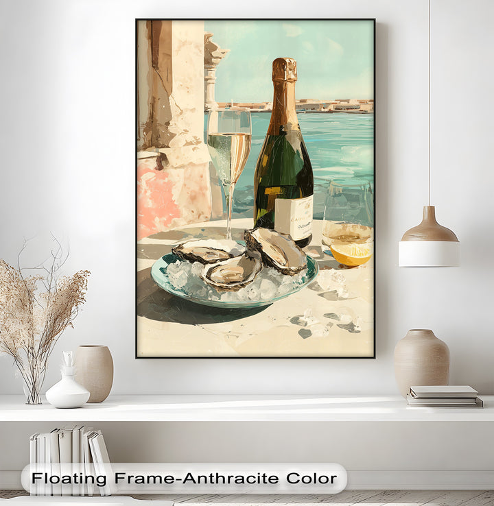 Canvas wall art featuring the deep emerald bottle of champagne with its darkest shadows hinting at elegant seaside dining.
