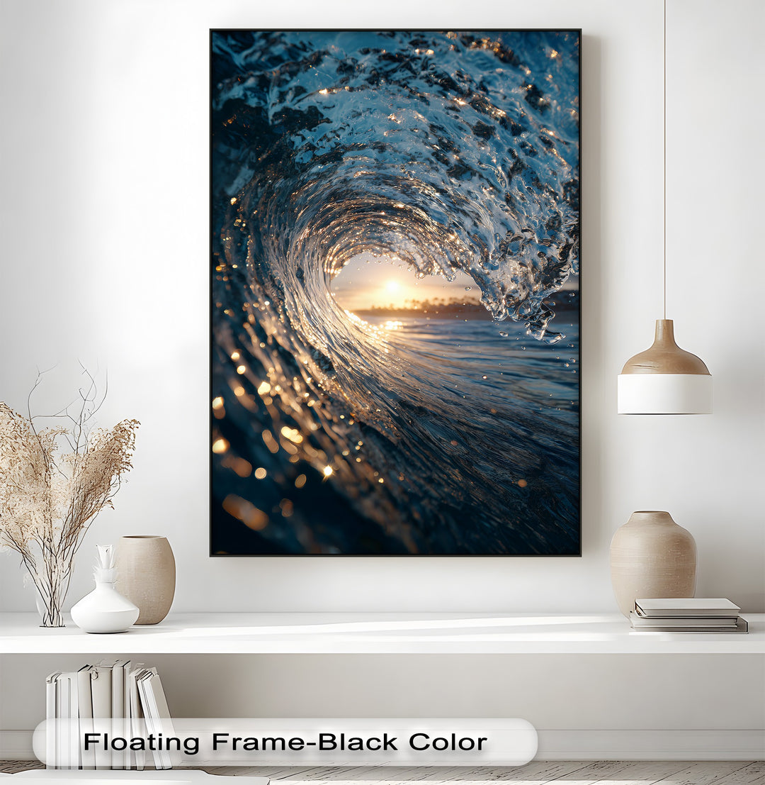 The darkest area of this captivating ocean wave canvas artwork showcases deep indigo hues within the curling water, reflecting subtle glimmers of sunset.