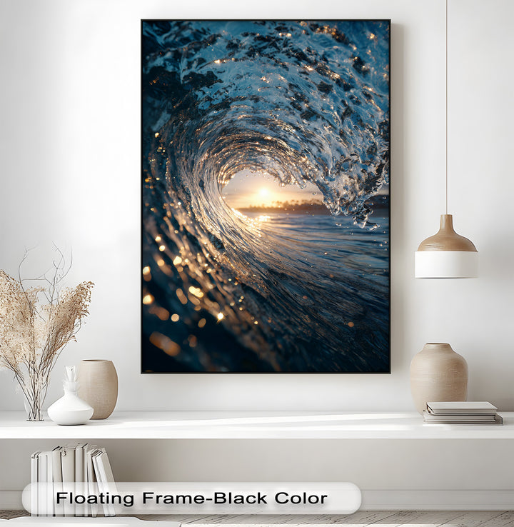 The darkest area of this captivating ocean wave canvas artwork showcases deep indigo hues within the curling water, reflecting subtle glimmers of sunset.