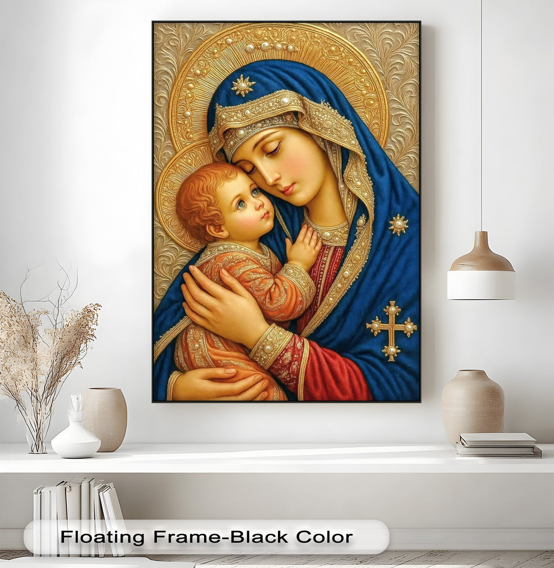 A tender tilt of Mary's head and draped blue robe convey graceful movement in this Madonna and Child religious canvas pictures.