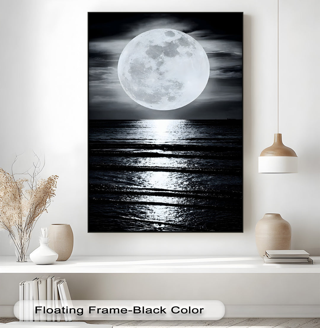 The foreground detail presents the dark ocean waters with a brilliant, shimmering moonlit reflection, expertly rendered as a canvas painting.