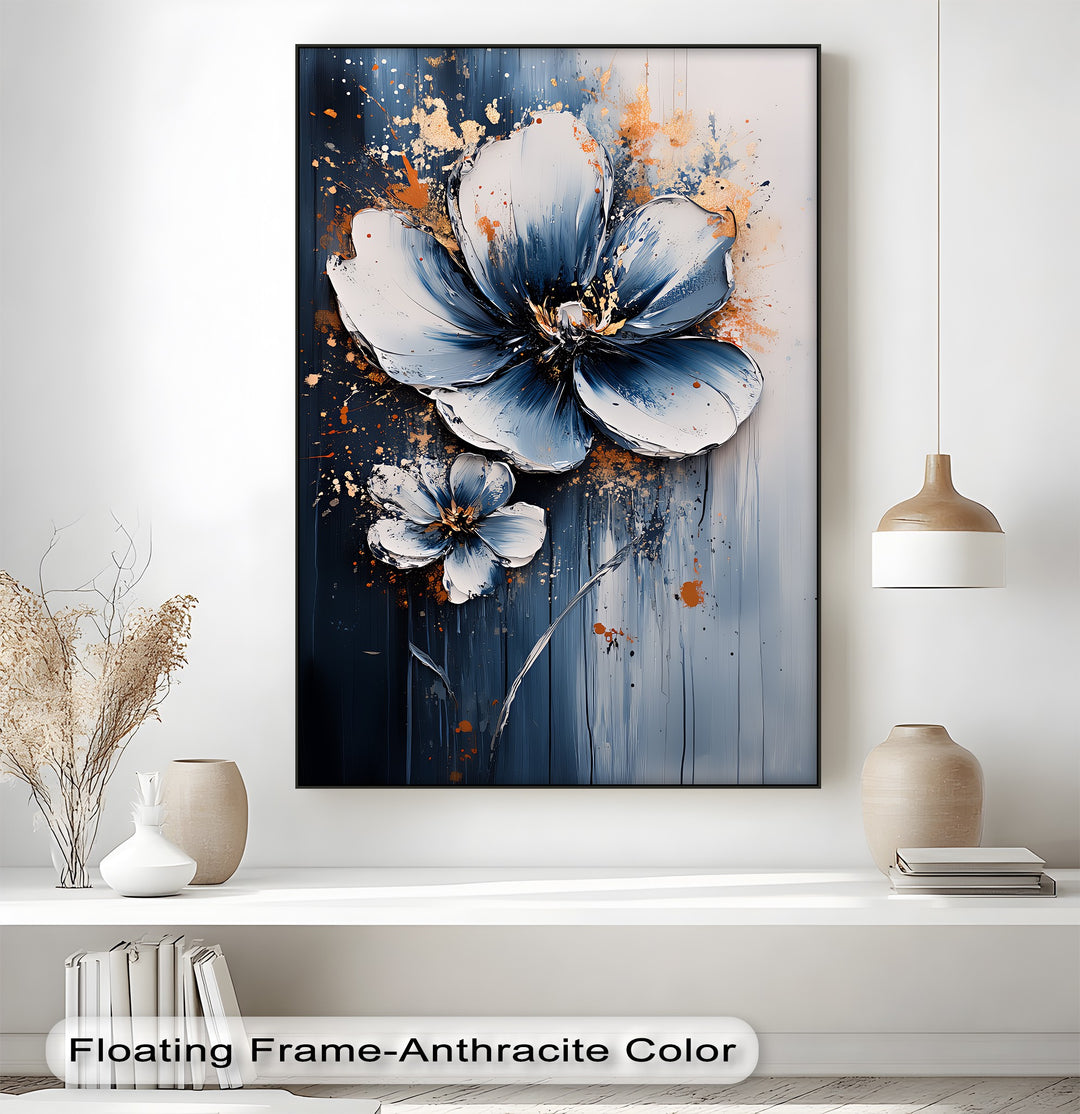 Electric Midnight Bloom – Blue and White Abstract Floral Canvas Print