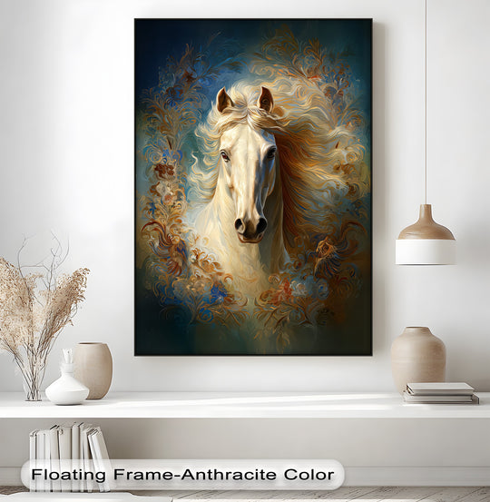 Horse canvas print flowing mane with ornamental details and horse wall art plus a vertical canvas
