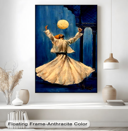 Moonlike orb highlights the whirling dervish figure, a striking focal point in this vibrant Islamic canvas wall art.