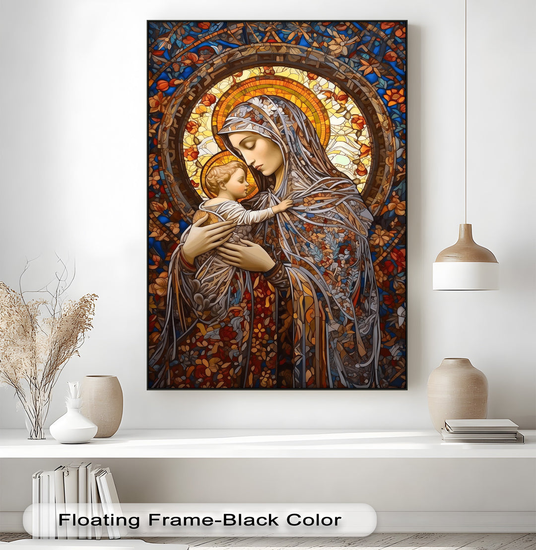 The darkest areas showcase intricate shadowed hues within the stained glass Madonna and Child canvas artwork, forming a vibrant mosaic.
