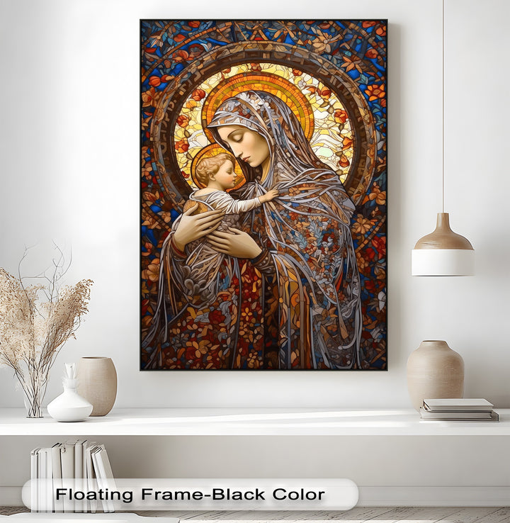 The darkest areas showcase intricate shadowed hues within the stained glass Madonna and Child canvas artwork, forming a vibrant mosaic.