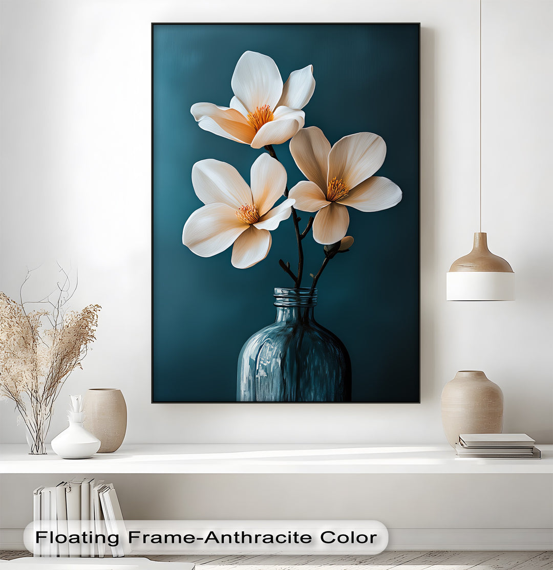 White Magnolia Trio in Teal – Elegant Floral Canvas Prints