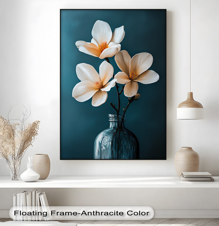 White Magnolia Trio in Teal – Elegant Floral Canvas Prints