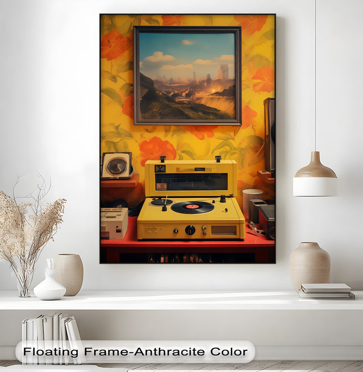 Sunset Groove – Retro Turntable & Futuristic Landscape Canvas Print
