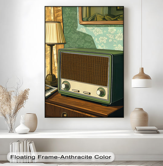 Seamlessly blending between green and brown hues, the Olive Nostalgia vintage radio still life hanging canvas art evokes a sense of retro charm.