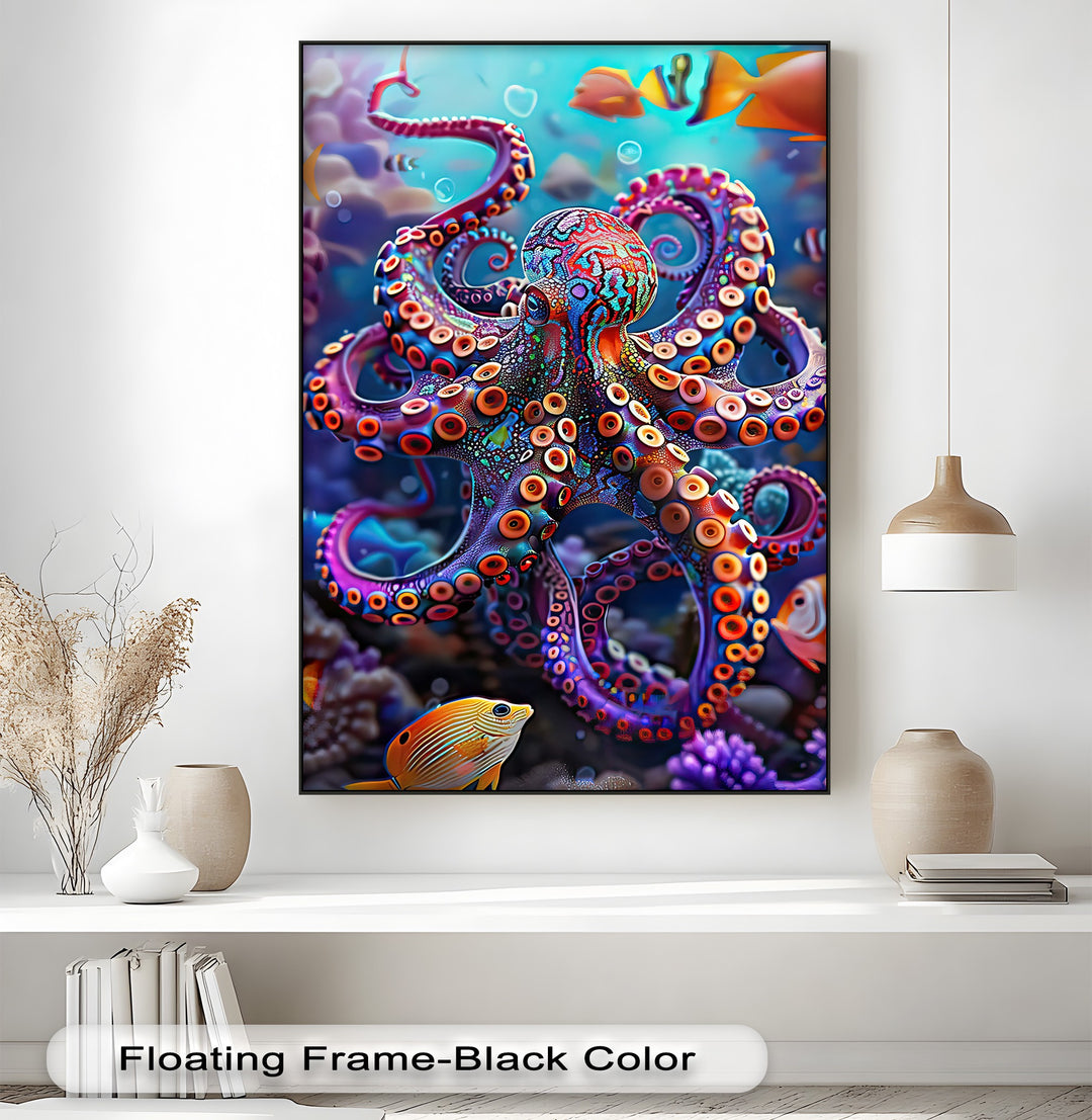 A vibrant octopus canvas pictures print showcasing a dynamic transition of rich, psychedelic colors across its intricate form in an ocean setting.
