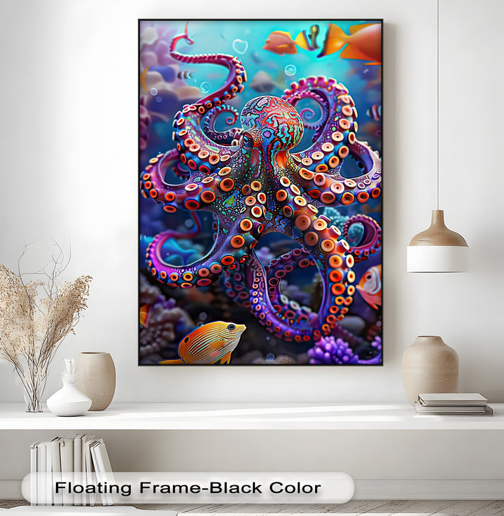 A vibrant octopus canvas pictures print showcasing a dynamic transition of rich, psychedelic colors across its intricate form in an ocean setting.