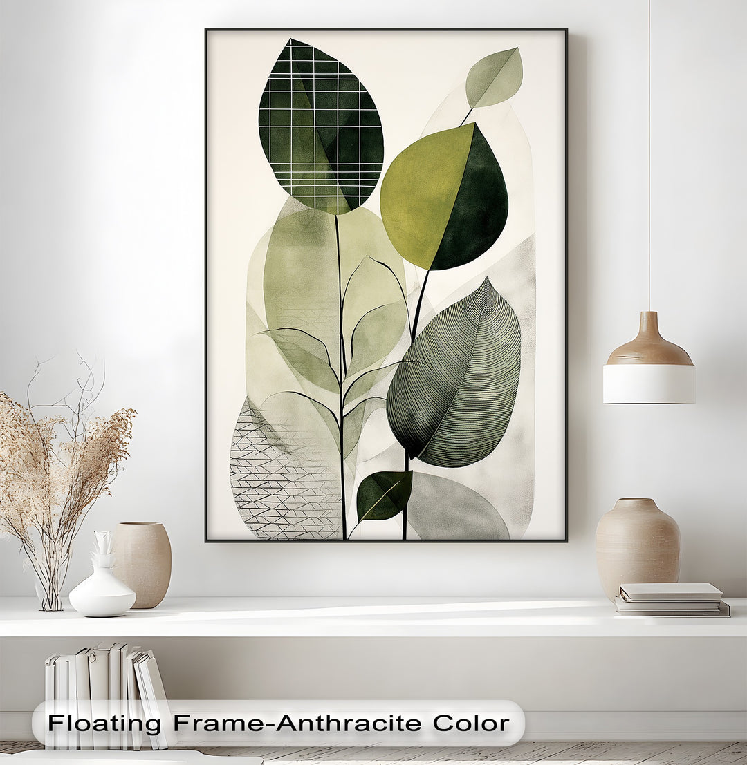 Structured Harmony – Abstract Leaf Shapes in Geometric Overlay Canvas Print