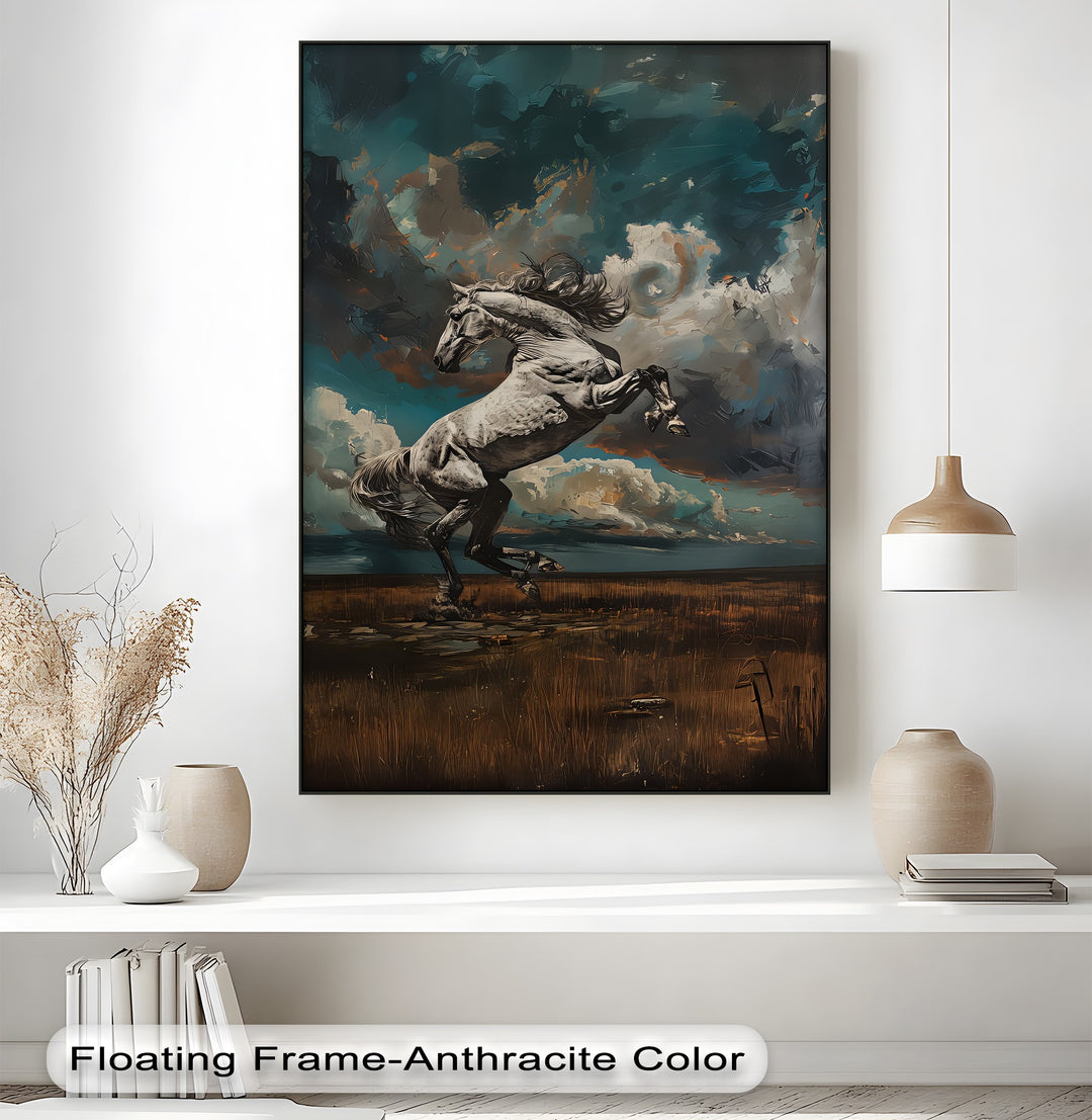 White Stallion Rearing Under a Turbulent Sky - Horse Canvas Print