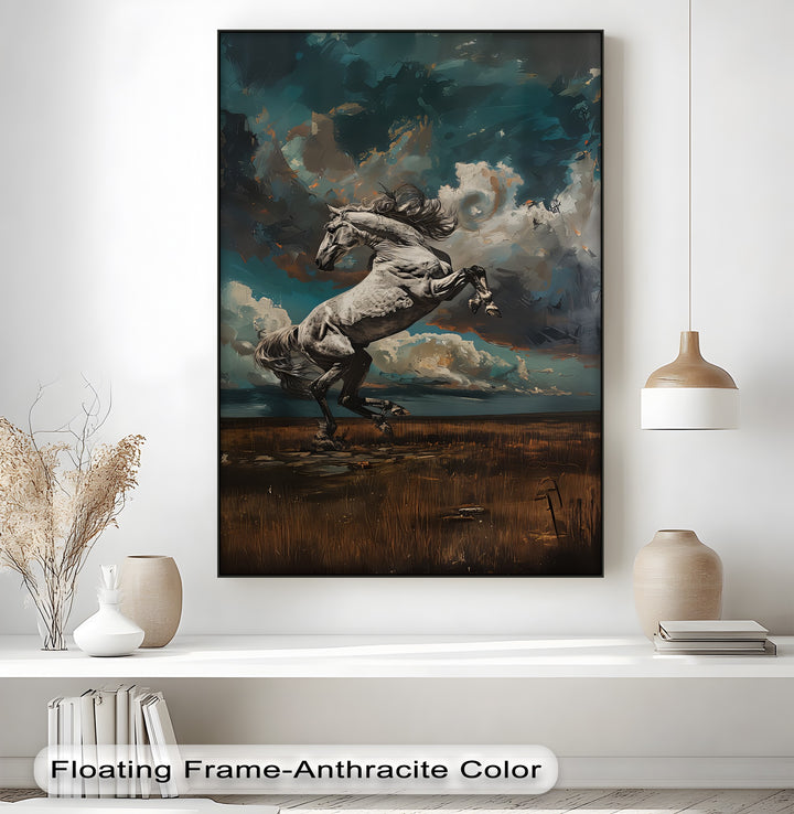 White Stallion Rearing Under a Turbulent Sky - Horse Canvas Print